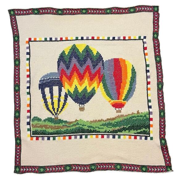 Vintage Hot Air Balloon Crochet Knit Tapestry Blanket Throw MCM Southwest Mexico - Picture 1 of 7